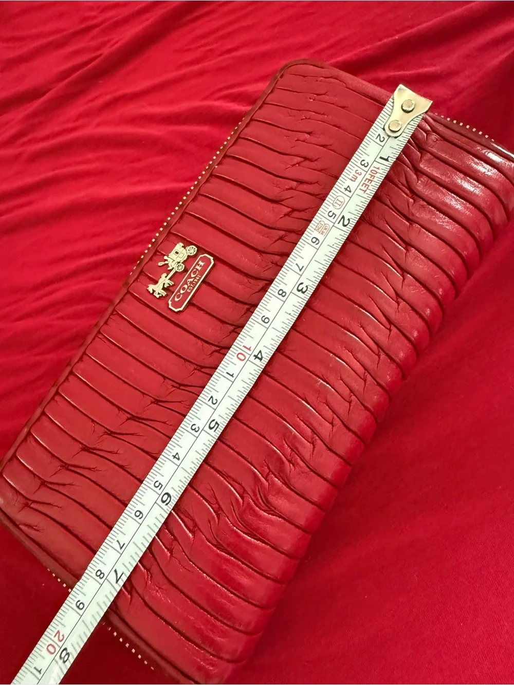Coach Red Quilted Accordion Zip Wallet with Signature Plaque